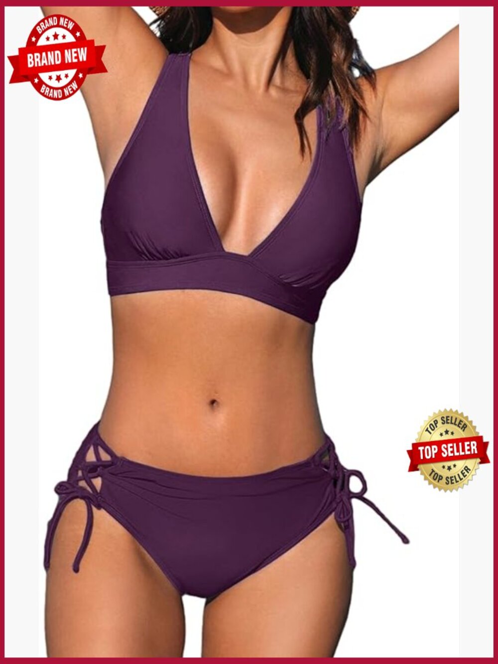 Two Piece Bikini Set V Neck Triangle Top Wide Straps Criss Cross Back Lace Up